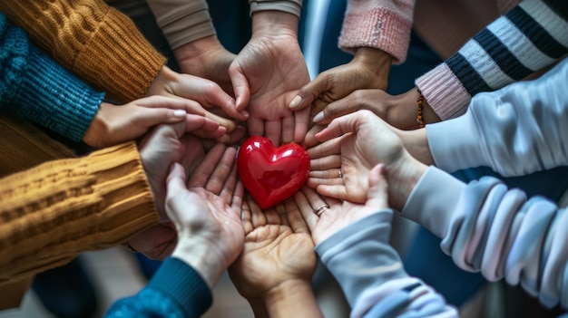 Photo diverse group of peoples hands coming together to support a plush red heart