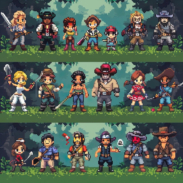 A diverse group of pixelated characters in a lush forest setting