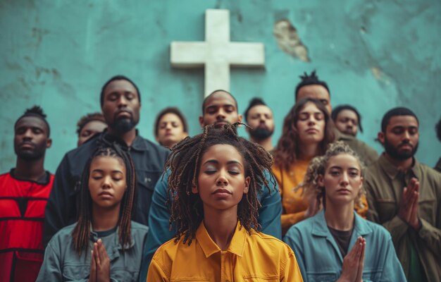 Photo diverse group in prayer in front of white cross on blue wall hands clasped eyes closed