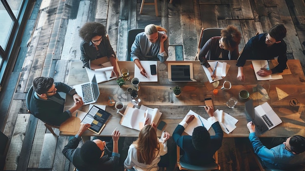 A diverse group of professionals collaborate around a table working on laptops and documents