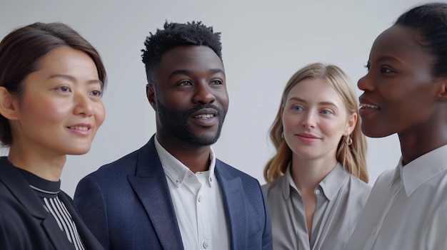 Photo diverse group of professionals engaged in conversation at a modern office setting during daytime