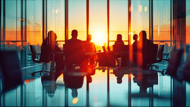 A diverse group of professionals engaged in a management meeting at a table illuminated by natural light from a large window