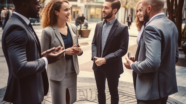 A diverse group of professionals from Arafed gather on a busy sidewalk standing in a circle