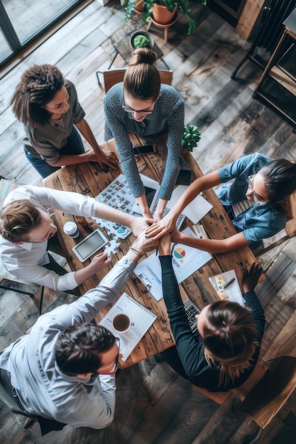 Photo diverse group of professionals putting their hands together in unity symbolizing teamwork collaboration and success