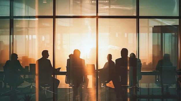 A diverse group of professionals sit around a sleek modern conference table discussing management strategies in an office setting