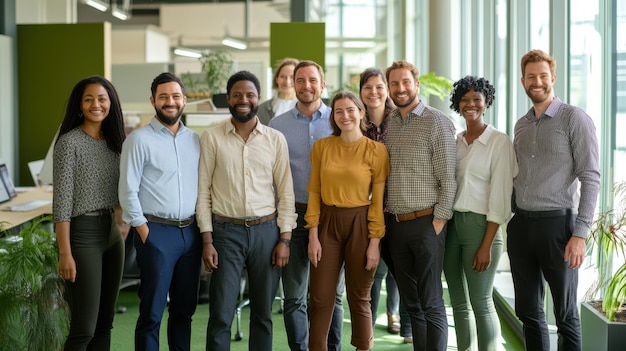 Diverse group of professionals smiling together in modern office workspace during daytime gathered for team collaboration