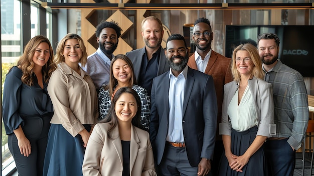 A diverse group of professionals stand together in an office setting