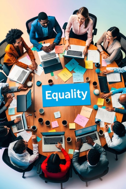 Diverse Group Of Professionals Working Together Around A Table With The Word Equality In The Center