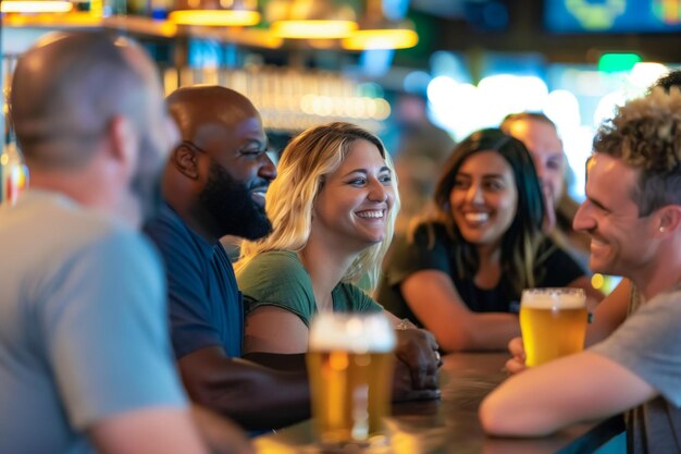 Photo diverse group sharing a laugh over beer