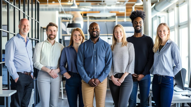 Photo a diverse group of smiling business professionals stand together in a modern office