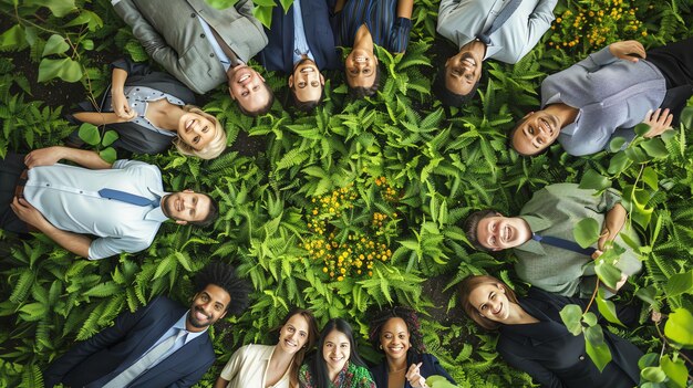 Photo diverse group of smiling people laying in a circle of green plants looking up at the camera