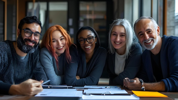 Photo diverse group of smiling people sitting at a desk with papers