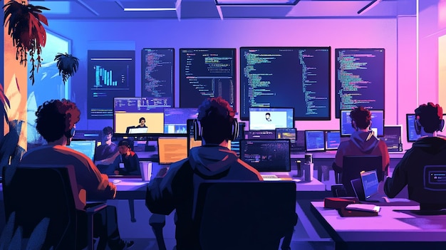 A diverse group of software developers coding on multiple screens with tech gadgets scattered