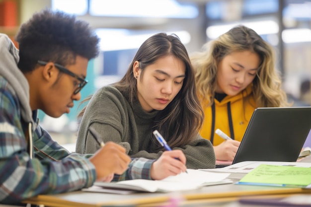 Diverse group of students engaged in a group project studying together with notes and laptop