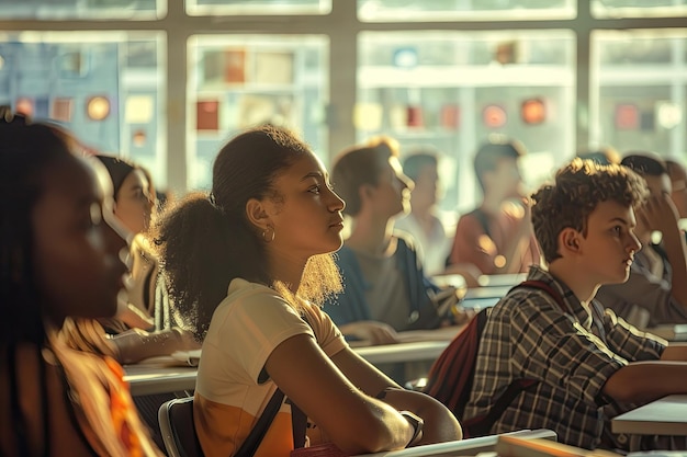 Photo a diverse group of students gathers in a modern school classroom passionately engaging in lively