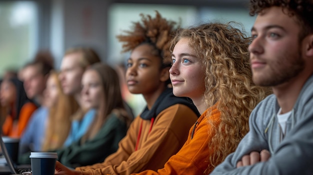 Photo diverse group of students listening attentively in a classroom