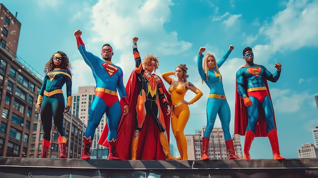 Diverse group of superheroes standing together in front of city buildings