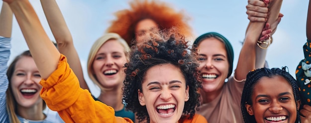 Diverse group of women cheer and laugh with their arms raised in the air