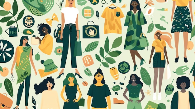 Photo diverse group of women in fashionable green outfits with leaves and flowers representing nature and sustainability