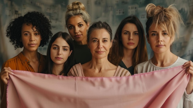 Photo a diverse group of women representing different ages and backgrounds holds a fabric together symbolizing unity and shared experiences in a warm inviting atmosphere