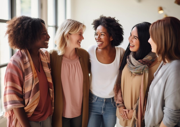 A diverse group of women smiling and enjoying each others company outdoors capturing a moment of friendship and joy