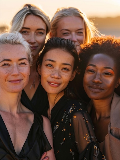 Diverse Group of Women Smiling Together at Sunset