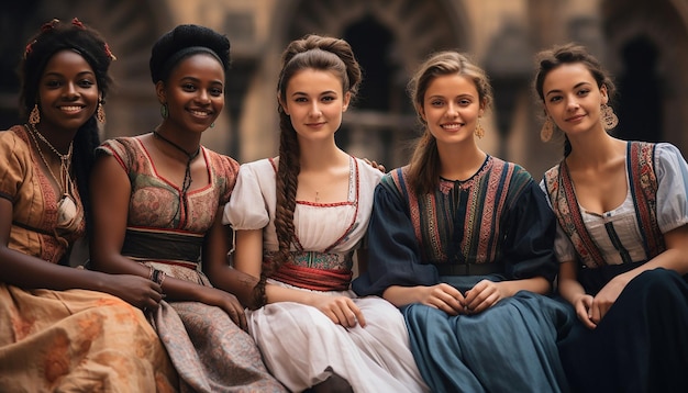 diverse group of women wearing traditional dresses from around the world gathered in a historical c