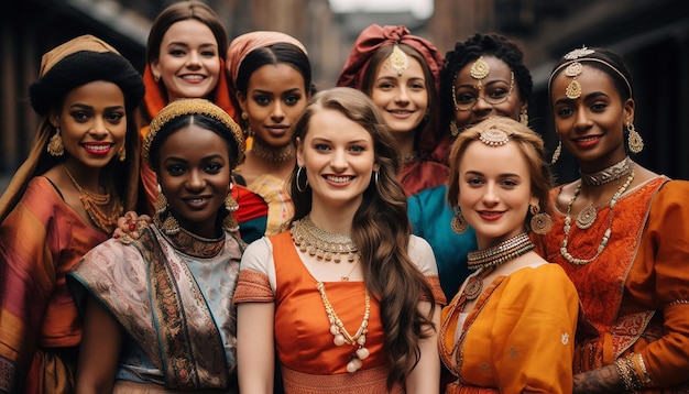 Photo diverse group of women wearing traditional dresses from around the world gathered in a historical c