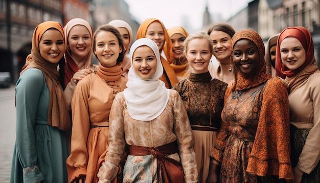 diverse group of women wearing traditional dresses from around the world gathered in a historical c