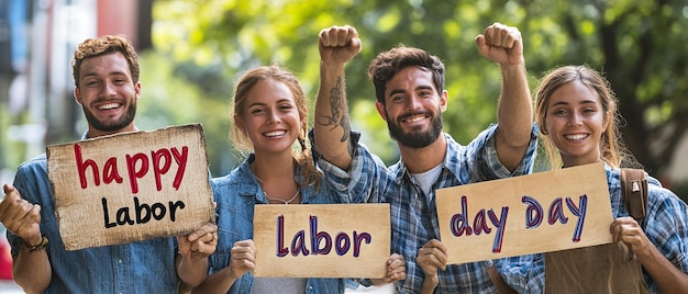 Photo diverse group of workers holding happy labor day signs