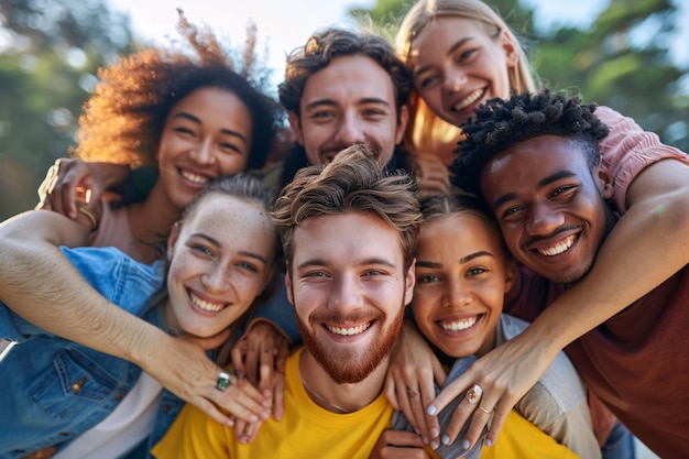 Diverse group of young adults bonding together and smiling