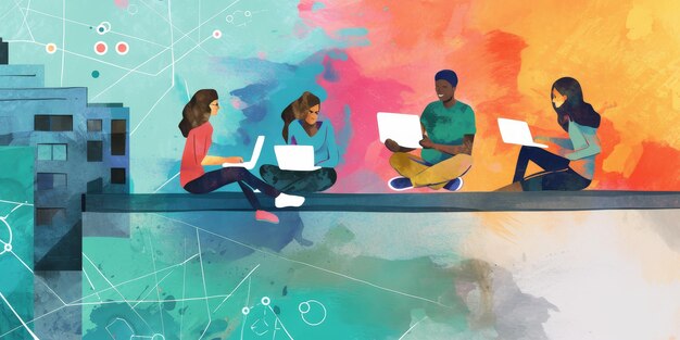 Photo diverse group of young adults collaborating with laptops in vibrant abstract setting