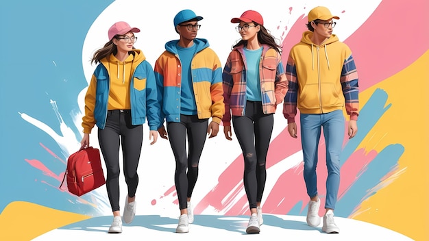 Diverse group of young friends showcasing trendy vibrant casual fashion Friendship background