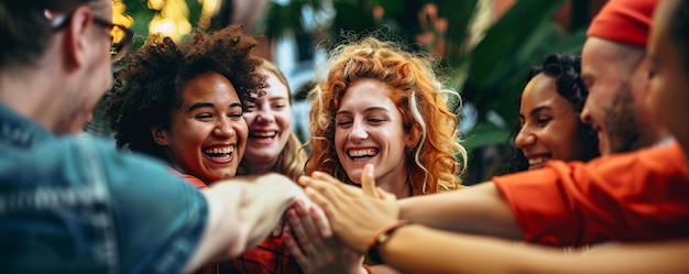 Diverse group of young people are joining hands and laughing together