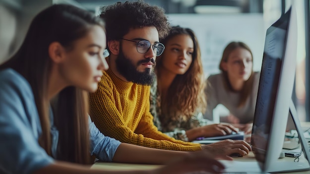 Diverse group of young people working together on a computer