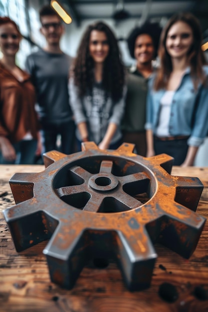 A diverse group of young professionals collaborating in a modern industrial workspace focusing on a large gear on a wooden table