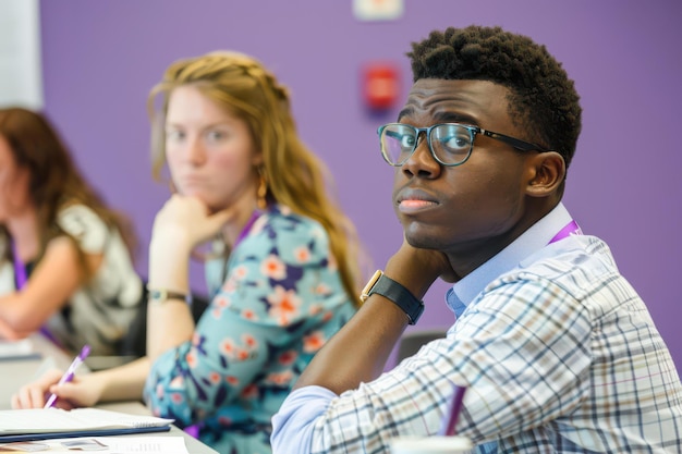 Diverse Group of Young Professionals in a Modern Office Setting with Purple Background