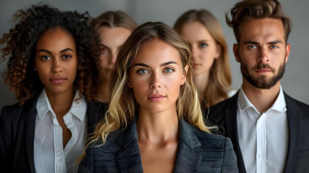 A diverse group of young professionals stand together looking confident and ready