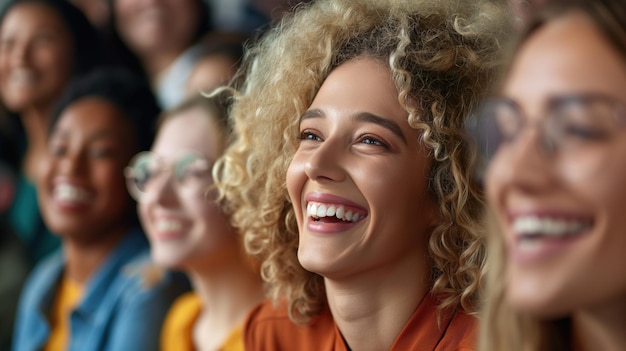 Photo a diverse group of young women is sitting together smiling and engaged as they enjoy an uplifting event at a community center on a bright afternoon