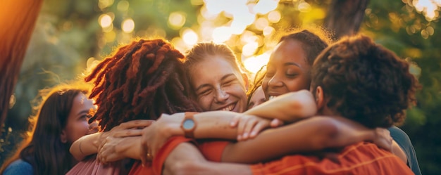 Diverse group of young women joyfully embrace each other in the outdoor sunshine