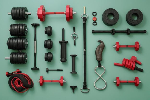 Photo diverse gym equipment displayed in a gym setting showcasing different fitness tools for exercise and training a fitness accessory that is commonly used in weightlifting and crossfit workouts