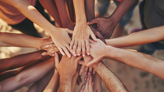 Diverse Hands Forming Symbolic Circle of Teamwork and Mutual Support