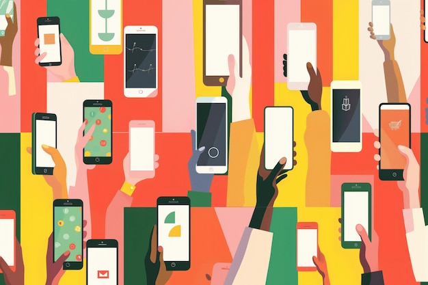 Diverse hands hold smartphones connect in colorful minimalistic illustration Various skin tones