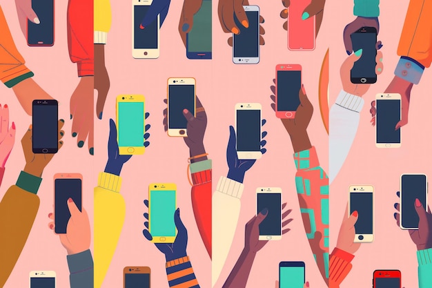 Diverse hands hold smartphones connect in digital space Illustration of global tech interaction