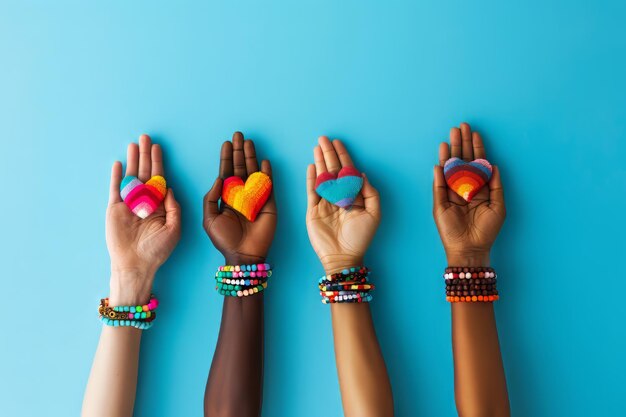 Photo diverse hands holding colorful hearts on blue background symbolizing love unity and diversity