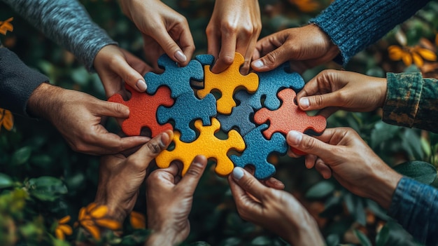 Photo diverse hands holding colorful puzzle pieces together symbolizing teamwork unity and collaboration