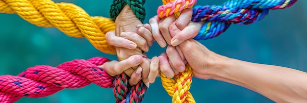 Diverse Hands Holding Colorful Ropes Together