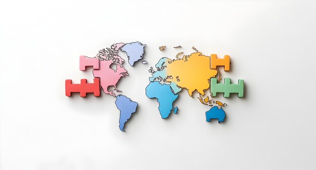 Photo diverse hands puzzle on world map symbolizing global unity and friendship