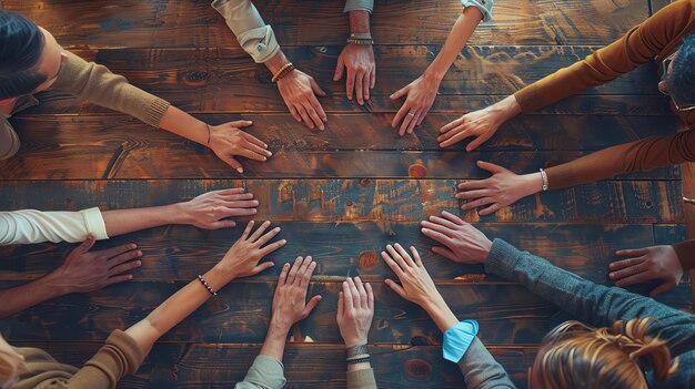 Photo diverse hands reaching together on wooden table