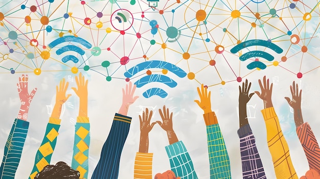 Photo diverse hands reaching for wireless connection in a global community